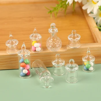 1:12 Lėlių namelis Miniatiūrinis skaidraus stiklo indelis Saldainių pupelių laikymo butelis Mažas indelis su dangteliu Virtuvės dekoras Žaislinių lėlių namų priedai