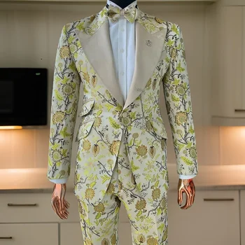2 dalių Gėlių kostiumai vyrams Slim Fit Žakardo vestuvių jaunikis Smokingas Custom Vyriškos mados kostiumas 2024 (Švarkas + Kelnės)