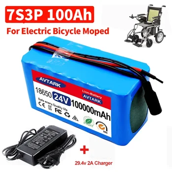 24V 7S3P 18650 ličio jonų baterijų paketas 29.4V 100Ah su 20A subalansuotu BMS elektriniam dviračio paspirtukui elektrinis neįgaliųjų vežimėlis, įkroviklis