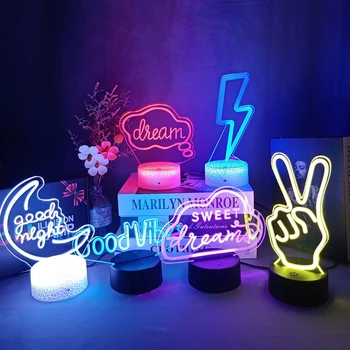 3D LED naktinės šviesos kambario dekoras Geros nuotaikos Dream Open Hello Flash Neoninių ženklų stalo lempa namų vakarėliui Vestuvių dekoras 7/16 spalvos