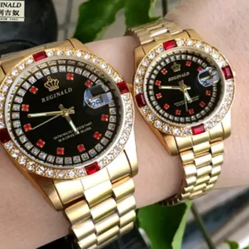 50 metrų atsparus vandeniui geros kokybės prekės ženklas REGINALD Luxury Golden Man Quartz rankiniai laikrodžiai Data Crystal Gift Suknelė Kvarciniai laikrodžiai
