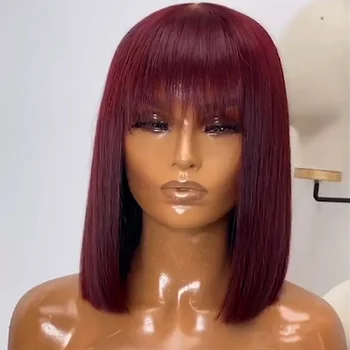 99J Burgundijos raudonas trumpų žmogaus plaukų perukas su pakraščiu moterims Tiesūs Remy plaukai Bobo perukai su kirpčiukais Tamsiai ruda Balayage spalva