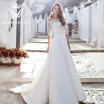 ALEX NOVIAS A-Line Satin vestuvinė suknelė 2023 Pusė rankovės Valties kaklas Aptraukta iliuzija Vestuvinė suknelė Romantiškos Vestidos Novias De Saten