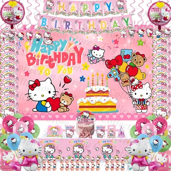 Amine Hello Kitty Girls gimtadienio vakarėlio dekoravimas ir stalo aksesuarai Lėkštės puodelis Staltiesė Folija Balono rinkinys Vakarėlio dovanų reikmenys