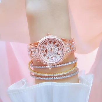 BS Naujas laikrodžių grandinės laikrodis Rožinis šviesus prabangus moteriškas laikrodis pilnas deimantų Kvarcinių laikrodžių mada