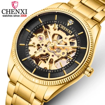 CHENXI Luxury Black Skeleton rankiniai laikrodžiai Vyriškas laikrodis Antikvariniai steampunk mechaniniai laikrodžiai Vyriškas auksinis nerūdijančio plieno juostinis laikrodis
