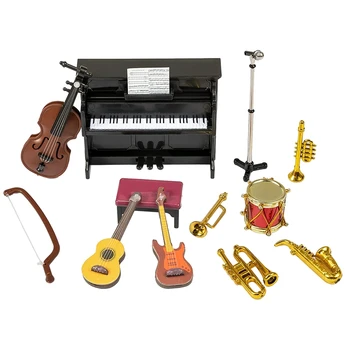 Dollhouse miniatiūrinių muzikos instrumentų rinkinys 12Pcsmini Dollhouse muzikos instrumentų modelis Lėlių namelio dekoravimo priedai