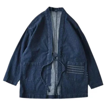 Džinsinis Kimono švarkas Vyrai Japonų Haori dryžuotas susiuvimas Open Placket 2024 Spring New Stand Collar Jean Jackets Deep Blue