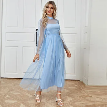 Elegantiška mėlyna tinklelis 2 vnt suknelė Moterys Rudens vakarėlis Maxi suknelės Kaftan Dubajus Abaya apranga Komplektas Vestidos Turkija Caftan