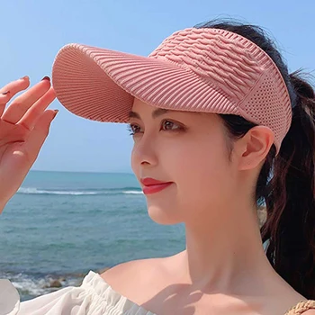 Fashion Folds Design Women Empty Top Hat Summer Solid Color Large Brim Sunscreen Hat Outdoor Elastic Fabric Sports Sun Cap
