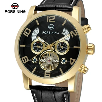 Forsining Golden Bezel Tourbillion Metų mėnesio ekranas Natūralios odos vyriški laikrodžiai Populiariausias prekės ženklo prabangus savaime vingiuojantis automatinis laikrodis