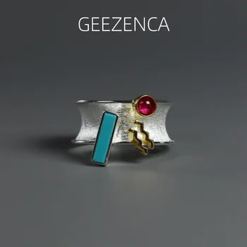 GEEZENCA 925 svarų sterlingų sidabro dviejų atspalvių spalvingi cirkoniniai platūs žiedai moterims Dizainerio prašmatnus geometrinis kokteilio žiedas 2023 m Nauja dovana