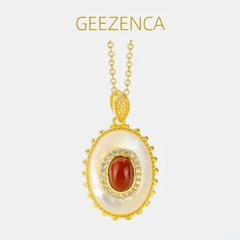 GEEZENCA Luxury 925 Sterling Silver Red Agate White Mother Of Pearl Oval Pendant for Necklace Without Chain Female 2023 Nauja dovana
