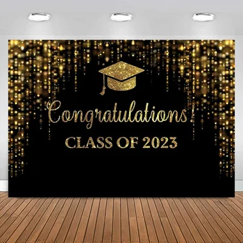 Graduation Prom Party 2023 m. fono klasė Juodos ir auksinės blizgučių taškinės fotografijos fonas sveikinimai 