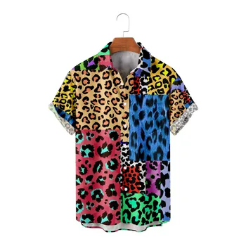 Harajuku leopardo marginti marškiniai Vyriški vintažiniai madingi havajietiški sagų marškiniai trumpomis rankovėmis viršutiniai gatvės drabužiai
