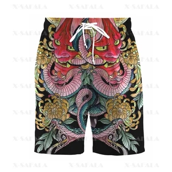 Japonų meno samurajų kaukė 3D Print Mens BoardShorts Šortai Unisex Elastic Waist Shorts Summer Beach Harajuku Casual Drawstring-2