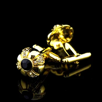 JHSL Prekės ženklas Madingi mados papuošalai Aukso spalvos metalas su juodo akmens apvaliais marškiniais Rankogalių sąsagos vyrams Geriausia tėvo dovana