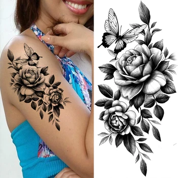 Juodosios rožės žiedas Drugelis Laikinos tatuiruotės moterims Suaugęs Bijūnas Mėnulis Netikra tatuiruotė Realistinis kūno meno dekoravimas Tatoos popierius