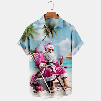 Kalėdiniai vyriški havajietiški marškiniai trumpomis rankovėmis Viršugalviai Kalėdų senelio grafiniai marškiniai su apykakle Oversized Vyriški gatvės vakarėlio drabužiai