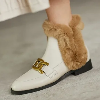Karštas dydis 34-43 žieminiai batai Natūralios odos metalinė sagtis Kailio kulkšnies batai moterims Chelsea bateliai
