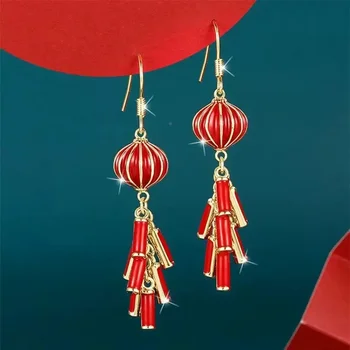 kinų stiliaus žibintų petardos metaliniai kabantys auskarai moterims mergaitėms raudonos spalvos metalinės petardos Kutų festivalio auskarai