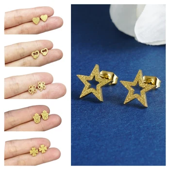 Korėjos mažos žvaigždės širdies dobilo raidė Sidabro aukso spalvos smeigtuko auskarai Nerūdijančio plieno mažyčiai papuošalai moterims Merginos Vakarėlių dovanos