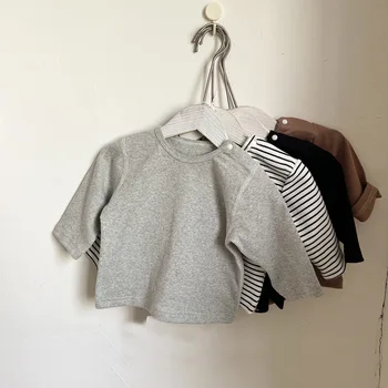 Kūdikių medvilnės trišakiai ilgomis rankovėmis Juostelės Trišakiai Laisvalaikio mažyliai Berniukų ir mergaičių marškinėliai Trumpos mados naujagimiai Korėjietiški drabužiai