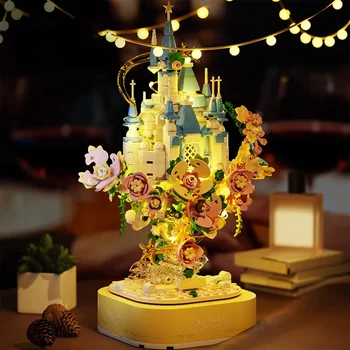 Kūrybinė gėlių pilis Pakabinama sodo muzikos dėžutė su LED žibintais Modelio statybiniai blokai MOC kaladėlių dekoravimas Žaislai Valentino dovana