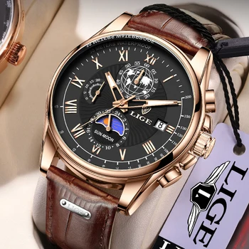 LIGE Vyriški laikrodžiai Odinis dirželis Sportinis Vandeniui atsparus rankinis laikrodis Chronografas Kvarcinis laikrodis vyrams Laisvalaikio mados laikrodis Vyras Data Laikrodis