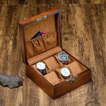 Luxury 6 Slot Pu odinė laikrodžių dėžutė Protable kelioninių laikrodžių dėklų saugykla Vintage Wood Colour Buckle Watch Stand papuošalų organizatorius