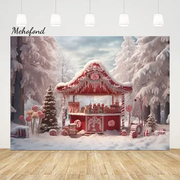 Mehofond fotografijos fonai Kalėdų dekoracija Saldainių stovas Kalėdų eglutė Žiema Sniegas Vaikai Suaugusiųjų šeimos vakarėlis Nuotraukų fonai