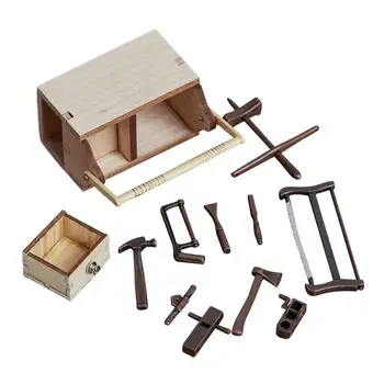 Miniatiūriniai įrankiai 1/12 Skalė Išskirtinė medinė įrankių dėžė Retro įrankių dėžutė Gnome priedų rinkinys Tikroviški lėlių namelio priedai su