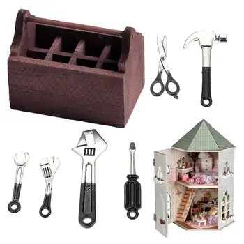 Miniatiūrinė įrankių dėžutė Miniatiūrinė scena Žaislinis namas Garažo priedai su 6 įrankiais Daugiafunkcinių darbo įrankių dėžių rinkinys Išskirtinis