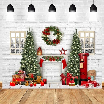 MOCSICKA Kalėdų fotografijos fonas Kalėdų eglutės kojinės Vintažinės plytų sienos židinys Fonas Dekoro fotostudija