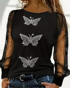 Moteriški drabužiai Naujos mados kalnų krištolo drugelio rašto blizgučių tinklelio pleistro viršus Moteriški marškinėliai ilgomis rankovėmis O-Neck laisvalaikio marškinėliai