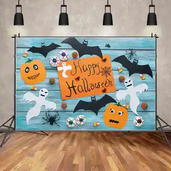 MĖNULIS. QG fono vaikai Laimingas Helovino reklamjuostė Mėlynos lentos fonas Pasirinktinis vakarėlio nuotraukų būdelės triukas arba gydyti vorų vaiduoklių rekvizitus