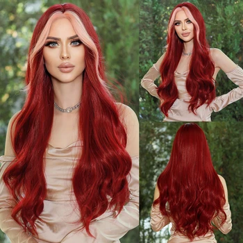 NAMM Long Wavy Middle Part Wine Red Wig for Women Daily Cosplay Party Synthetic Highlight Pink Hair Wigs Lolita Heat Resistant