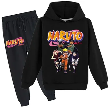 Naruto Anime berniukų kostiumas Naujas rudens ir žiemos gražus vaikų sportinė apranga Mergaičių džemperis su gobtuvu Kelnės Dviejų dalių kostiumas