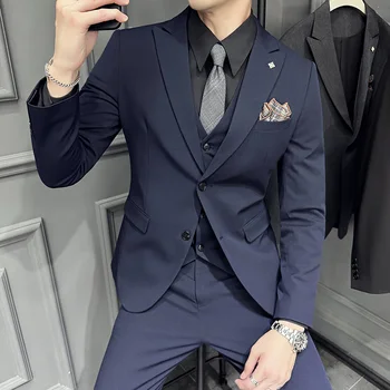 Nauja (Blazer+ Liemenė + Kelnės) Vyrų butikas Mados verslas Itališkas stilius Slim Korean Version Casual Wedding Formal 3 dalių komplektas