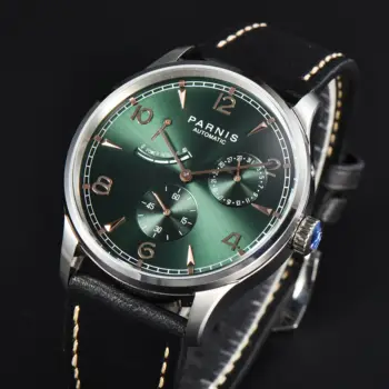 Naujasis Parnis 41.5MM Žalias ciferblatas Mechaninis automatinis vyriškas laikrodis Odinis dirželis Kalendorius Vyriški neperšlampami rankiniai laikrodžiai reloj hombre