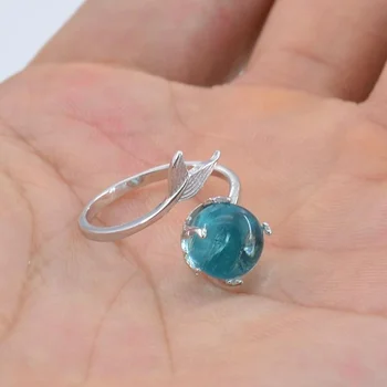Nauji kūrybingi undinės putplasčio žiedai moterims Temperamentas Mėlyni krištoliniai žuvienės žiedai Atidaromas reguliuojamas vakarėlis Madingi papuošalai