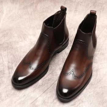Nauji vyriški kulkšnies batai Natūralios odos juodai rudas slydimas ant elegantiškos suknelės Vyriški batai Aukšti Qualiti oficialūs batai Chelsea Vyrams