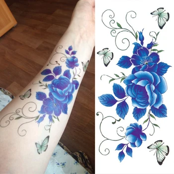 Neperšlampamas laikinas tatuiruotės lipdukas juosmuo chna mėlyna gėlė drugelis tatto lipdukai blykstės tatoo netikros tatuiruotės mergaitėms moterims