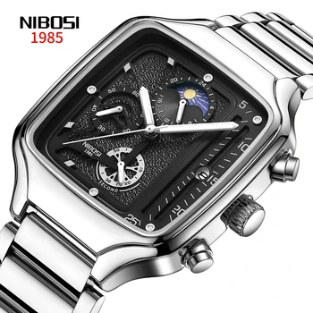 NIBOSI Fashion Square Chronograph Kvarcinis laikrodis vyrams Nerūdijančio plieno vandeniui atsparus mėnulio fazės data Vyriški laikrodžiai Relogio Masculino