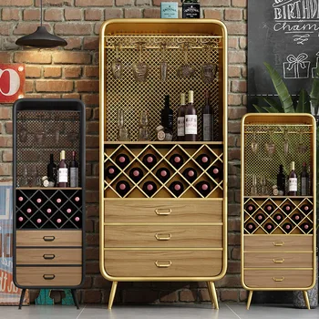 Nordic Dining Side Floor Vyno spintelės ekranas Buitinė geležies saugykla Vertikali arbatos spintelė Paprasta pakabinama taurė Vyno lentyna
