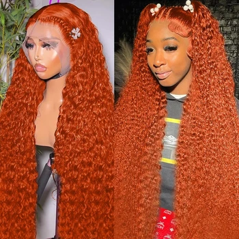 Orange Ginger Kinky Garbanoti nėrinių priekiniai perukai 13X4 spalvotas perukas Cosplay Party Sintetiniai plaukų perukai be klijų, skirti moterims