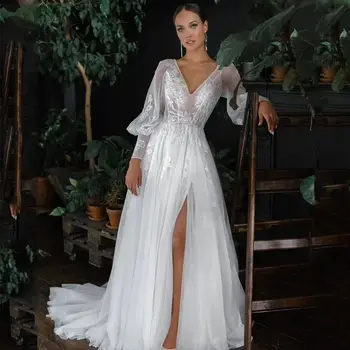 Pagal užsakymą pagamintos V kaklo aplikacijos nėriniai ilgomis rankovėmis priekyje padalinta vestuvinė suknelė A-Line Back Zipper Tiulis Nuotakos suknelė Vestido de Noiva