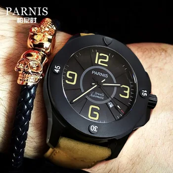 Parnis 47mm Juodas ciferblatas Kariniai mechaniniai laikrodžiai Vyriški laikrodžiai Prekės ženklas Prabangus automatinis laikrodis Safyro kristalas Natūralios odos juosta