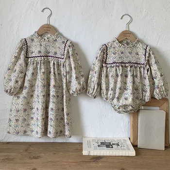 Pavasario ruduo Europos amerikietiško stiliaus vaikai Princesės suknelė Baby Girl Rompers ilgomis rankovėmis medvilnė Gėlių spausdinimas Seserų drabužiai