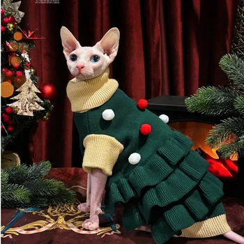 Pet Kalėdų eglutės megztinis sfinksui Šiltas megztinis Suknelė beplaukei katei Žieminė vilnos striukė Devonui Rexui Laimingų Kalėdų